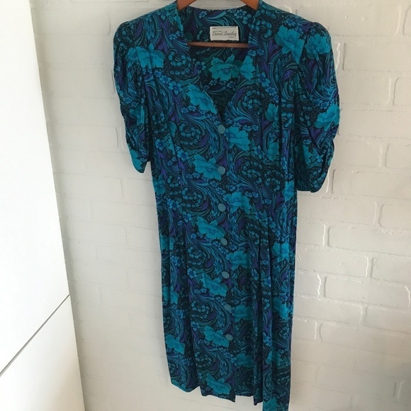 Vintage Mini Dress Sweetheart neck Cobalt Blue/turquoise Paisley Floral print M - Picture 1 of 8